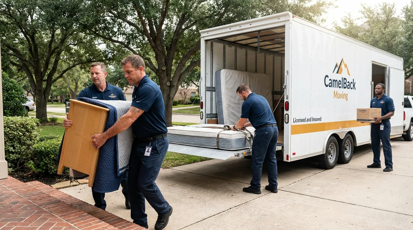 Crew loading residential truck for cross-state move from Chester, CA