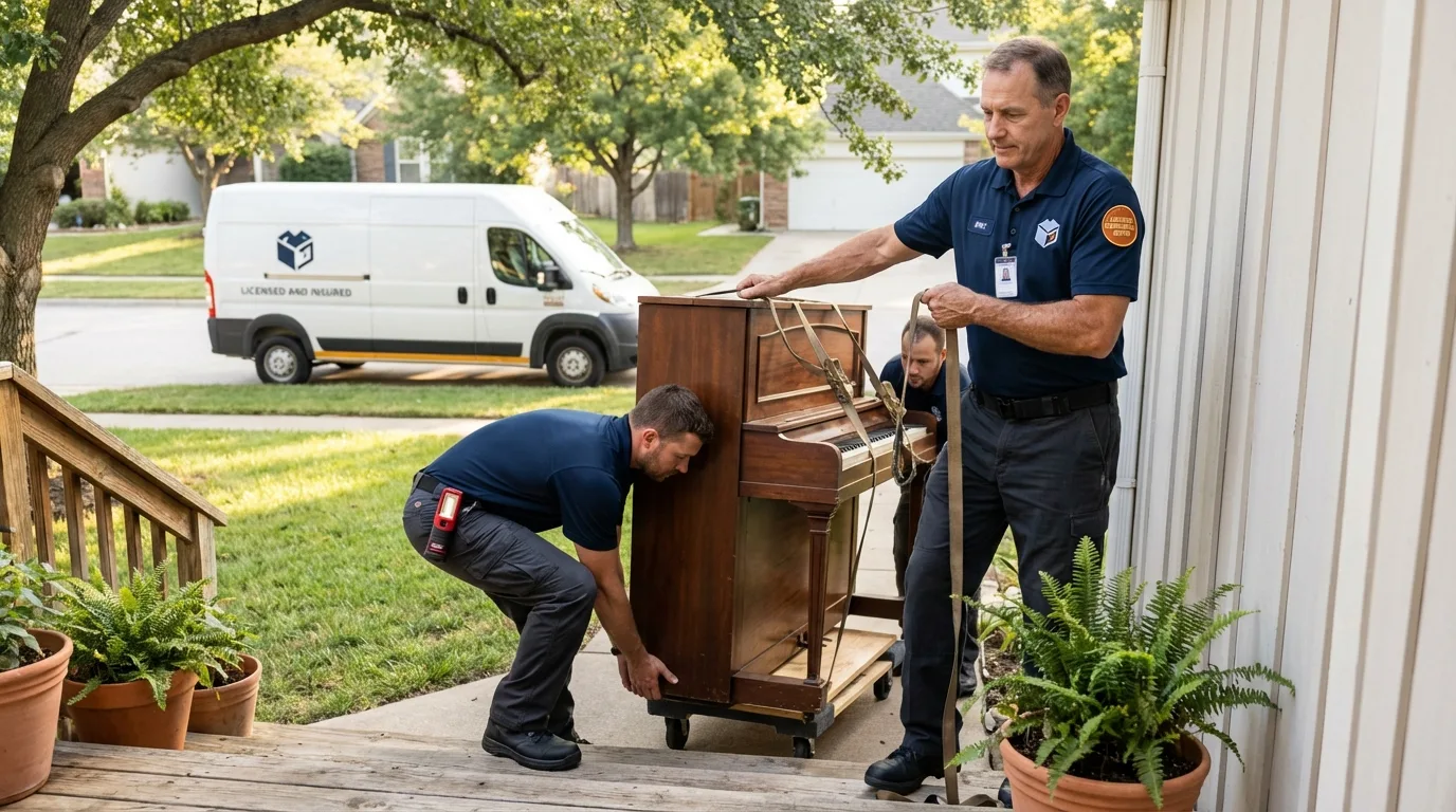 Licensed piano movers securing grand piano in Chester, CA