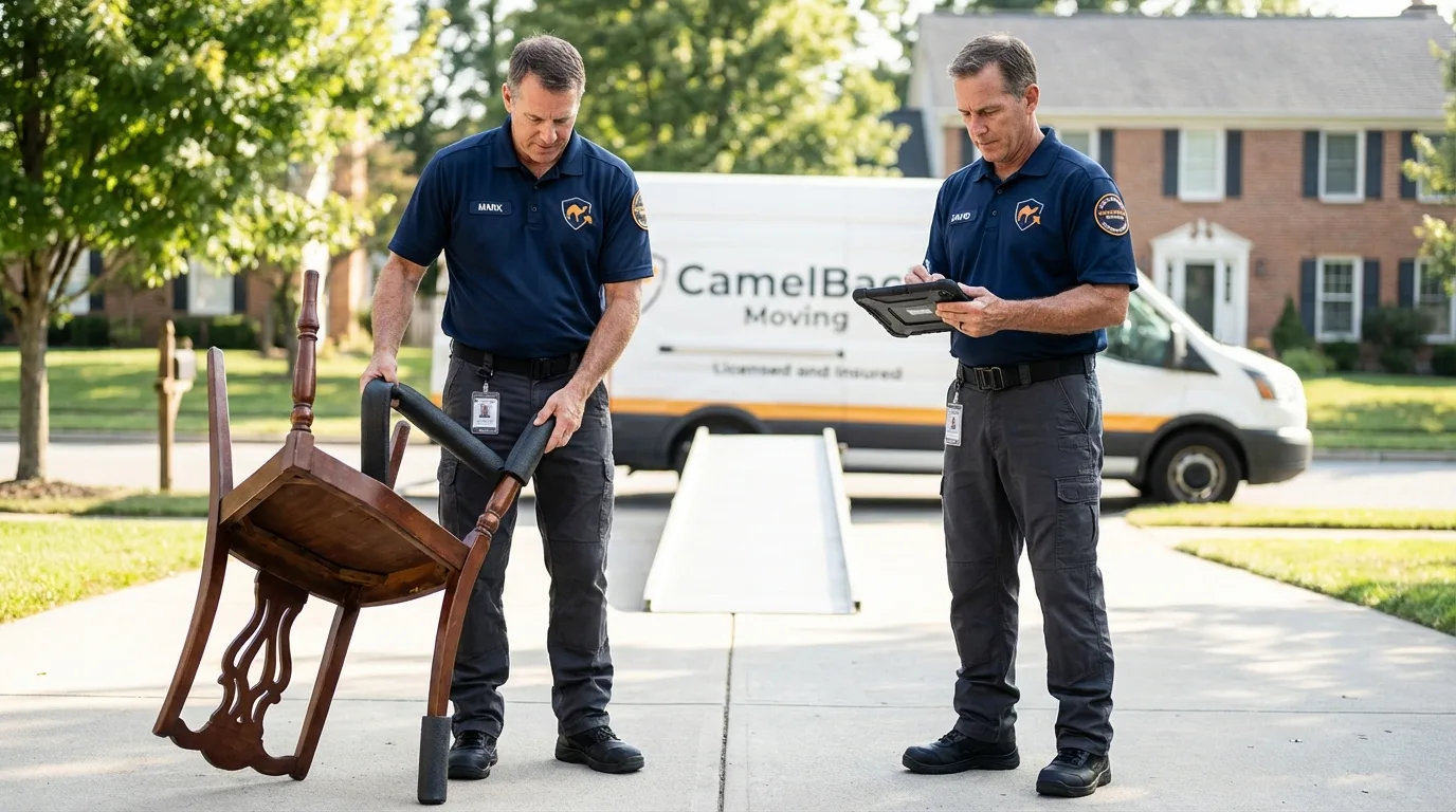 Movers inspecting furniture for damage prevention before loading in Chester, CA
