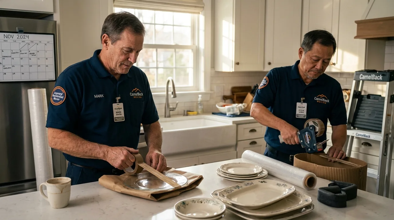 Professional crew packing kitchen dishware in Chester, CA